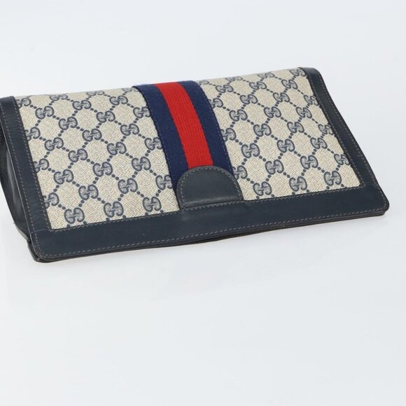 GUCCI GG Supreme Sherry Line Clutch Bag PVC Navy Red Auth 144387 - Picture 7 of 16